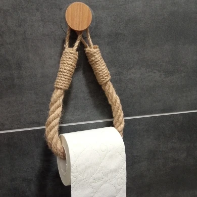 Nail-free single Hemp Rope paper holder Wall Hanging Cotton Hemp toilet paper holder Solid Wood Combination bathroom accessories