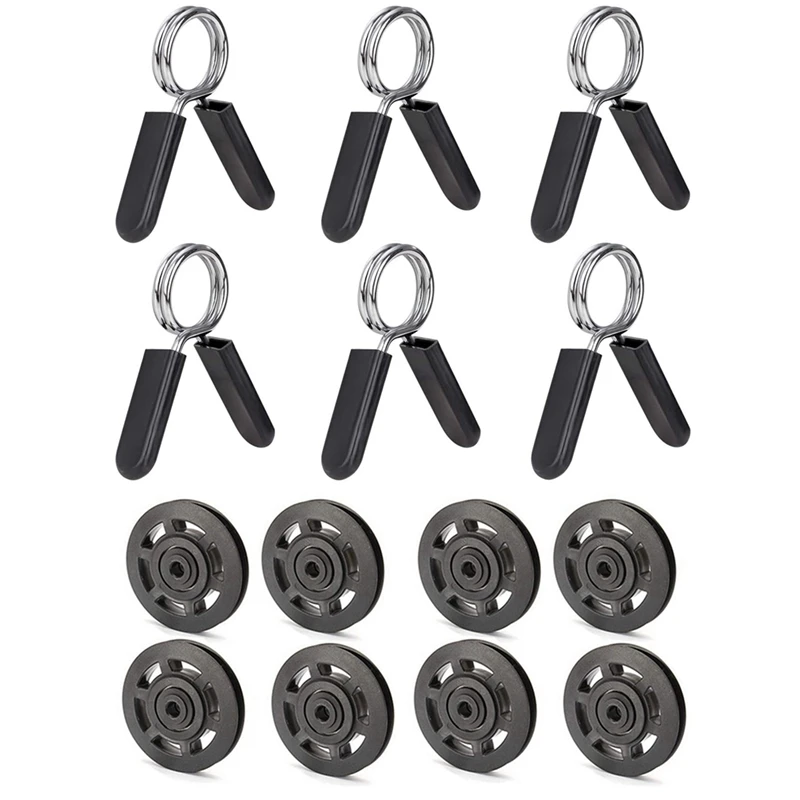 NEW-8Pcs 95Mm Black Bearing Pulley Wheel Cable & 6 Pack 1 Inch (25 Mm) Barbell Clip Clamps-Dumbbell Spring Collars