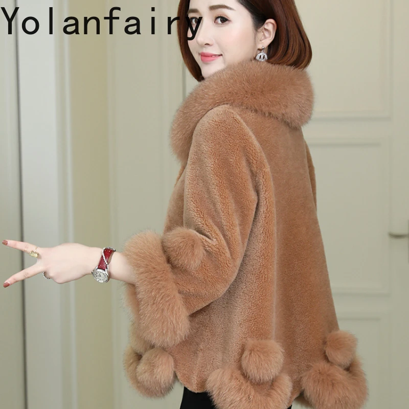 YOLANFAIRY Real Wool Clothes for Women Fur Outwears Womens Korean Fashion Winter Shearling Coat Short Fox Collar Coats New