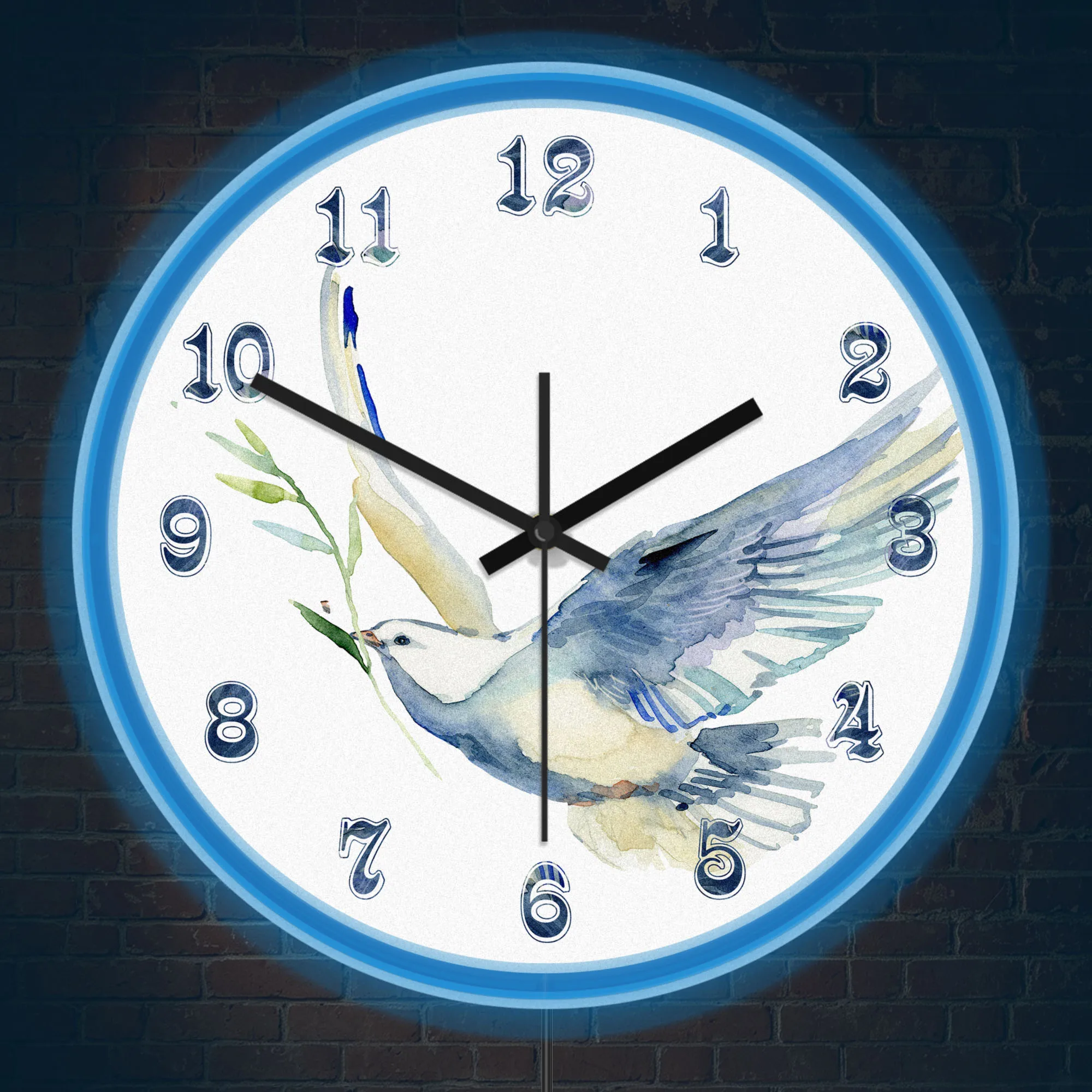 Watercolor Dove Olive Branch Art Decorative Wall Clock Peace Symbol Illuminated Sign Flying Bird LED Neon Lighting Wall Clock