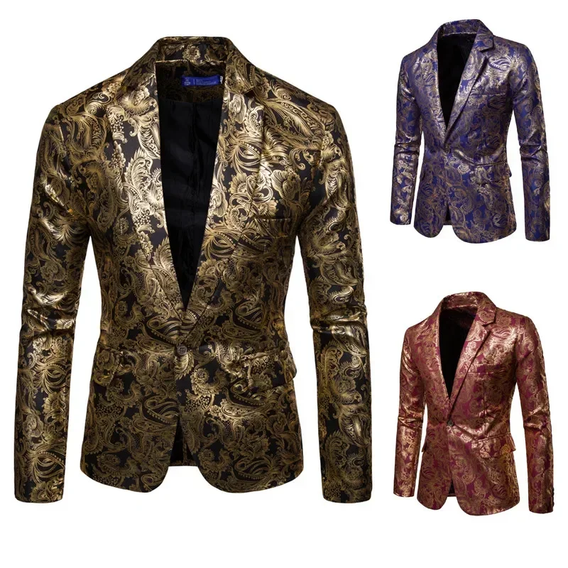 Men\'s Golden Floral Blazers Business Casual Suit Wedding Dress Gold Blazer Coats Jackets