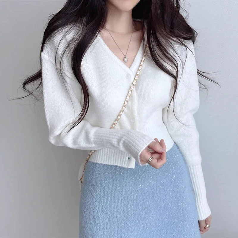 Gagaok Autumn Cardigans Korean Fashion Simple Solid Wild V Neck Knitted Cardigan Elegant Slim Single Breasted Sweater Coat