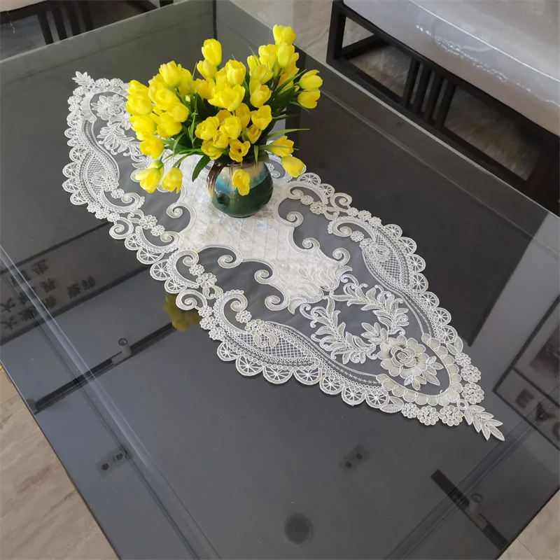 NEW Velvet Lace Embroidered European Table Runner Tablecloth Luxury Furniture Hotel Villa Office Banquet Party Weding Decoration