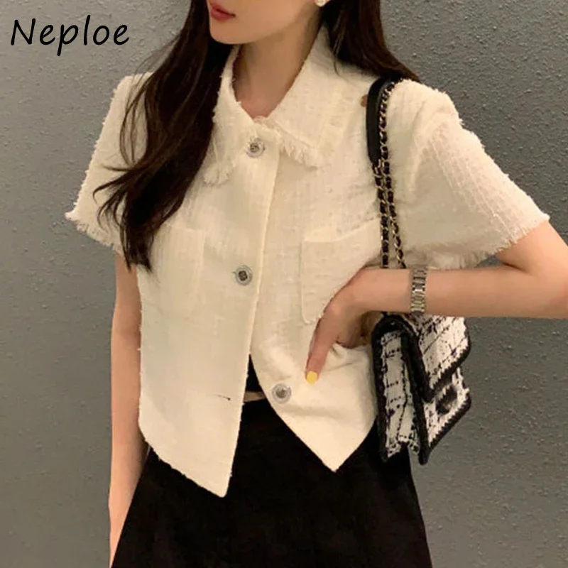 Neploe Korean Fashion Vintage Coat Turn Down Collar Solid Color Short Sleeve Jackets Pockets Tassel Single-breasted Outerwear