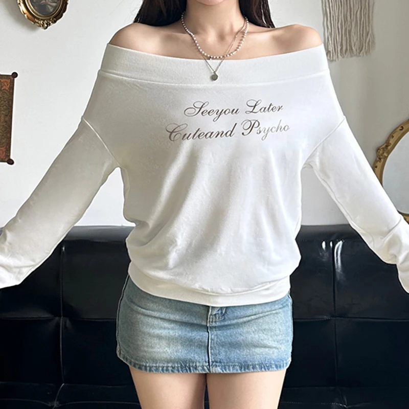 IAMHOTTY Casual Basic Letter Print Pullover White Korean Style Slash Neck Sweatshirts Chic Loose Long Sleeve Tops Streetwear New