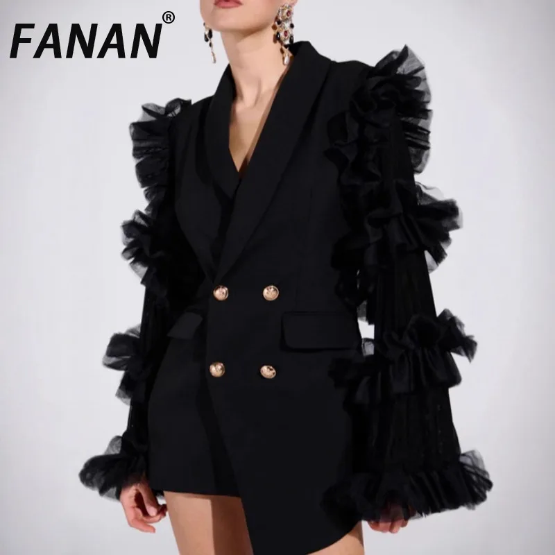 FANAN Elegant Ruffles Design Blazers For Women Double Breasted Irregular Gathered Waist Coats Female Jackets 2026 Spring New