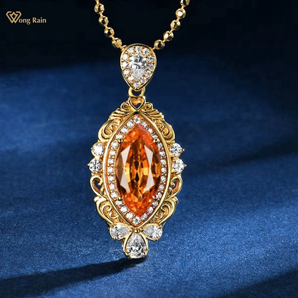 

Wong Rain Vintage 925 Sterling Silver Marquise Cut 7*14 MM Padparadscha Sapphire Gemstone Pendant Fine Jewelry Anniversary Gifts