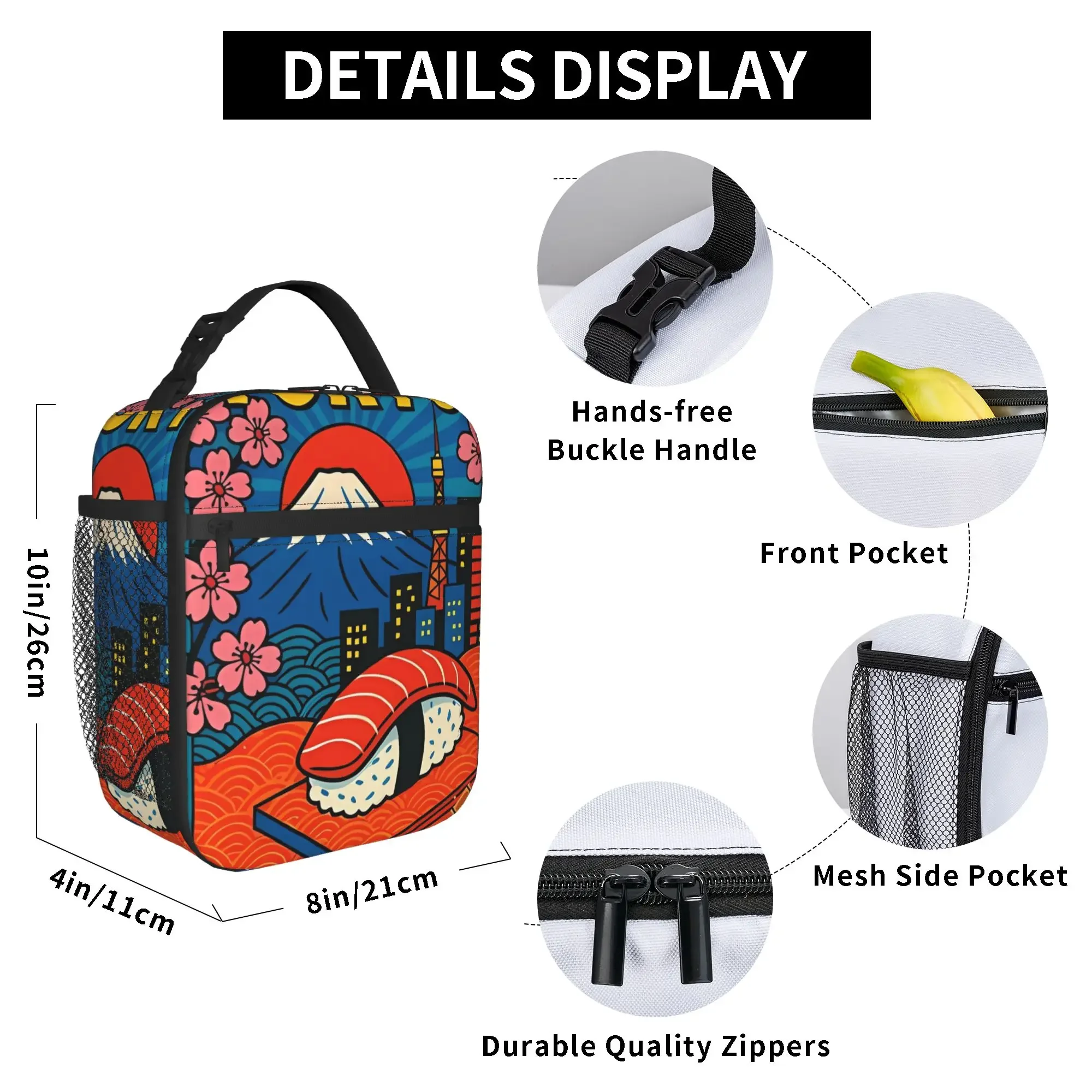 Sushi with Mount Fuji Cherry Blossom Poster Lunch Bag For Child  Picnic Graphic Lunch Box Retro Oxford Thermal Lunch Bags