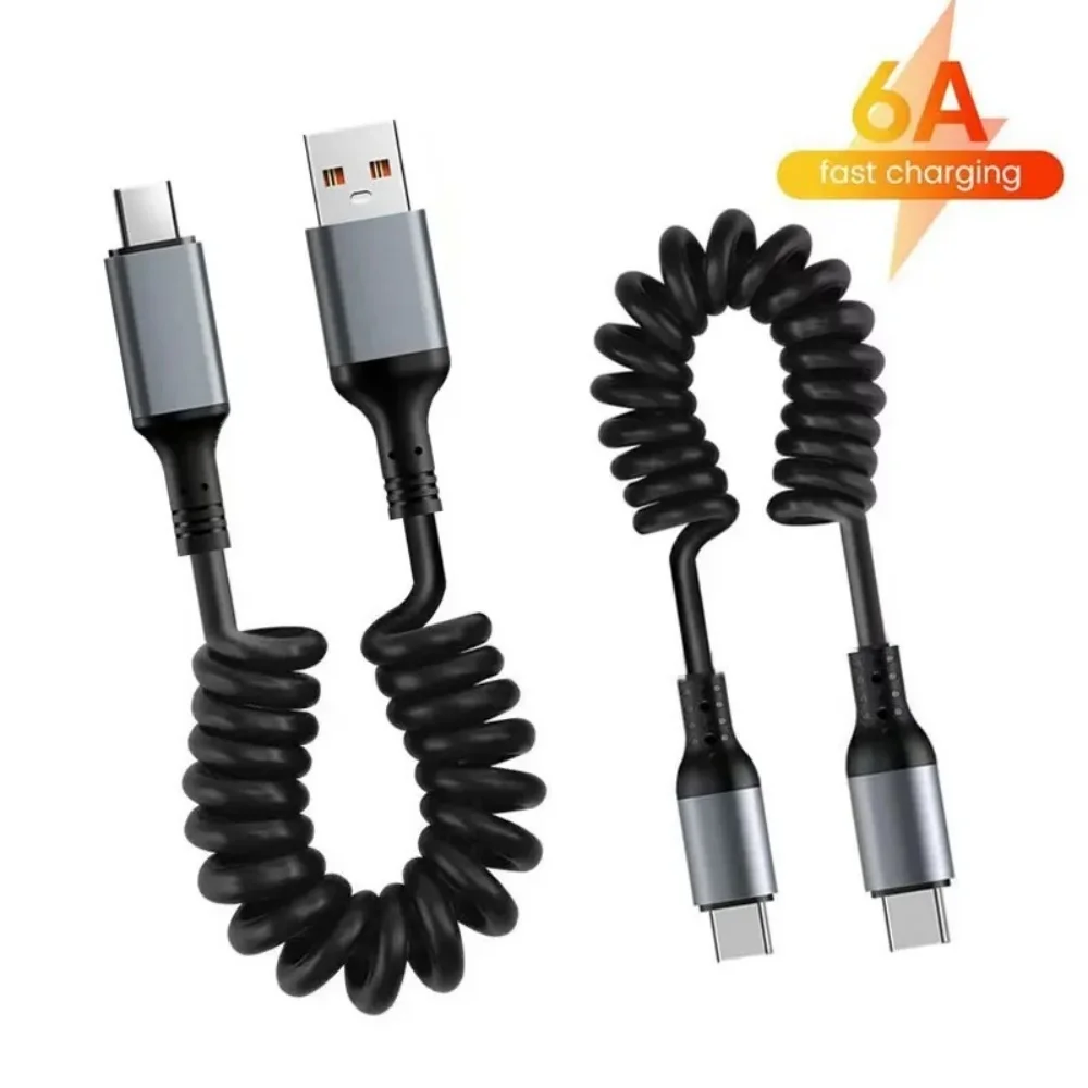 1M Car Spring Data Cord 6A Fast Charging USB C to USB C Cable For iPhone 15 14 Huawei Xiaomi Samsung Cable Portable Short Wire