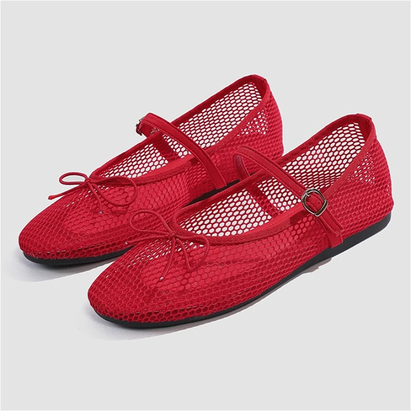 Mesh Fashion Women Ballet Flats Bowknot Breathable Round Toe Casual Walk Shoes Buckle Light Comfort Hollow Fishnet Women Sandals