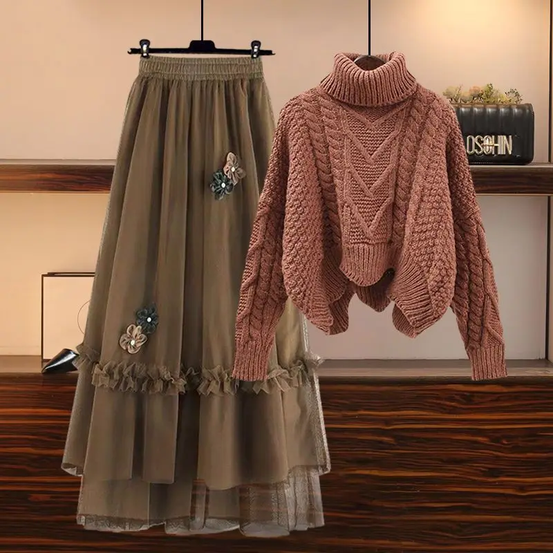 Winter Warm Two Pieces Sets For Women Outfits 2024 Turtleneck Pullover Knitted Twist Sweater+ruffles Patchwork Mesh Skirts Set