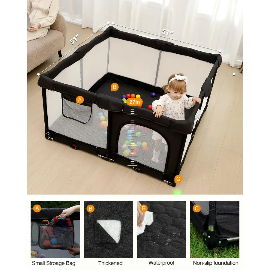 Parque infantil plegable para bebés con tapete grueso no extraíble, plegable para bebés y niños pequeños, parque infantil plegable extra grande (negro 51"×51")