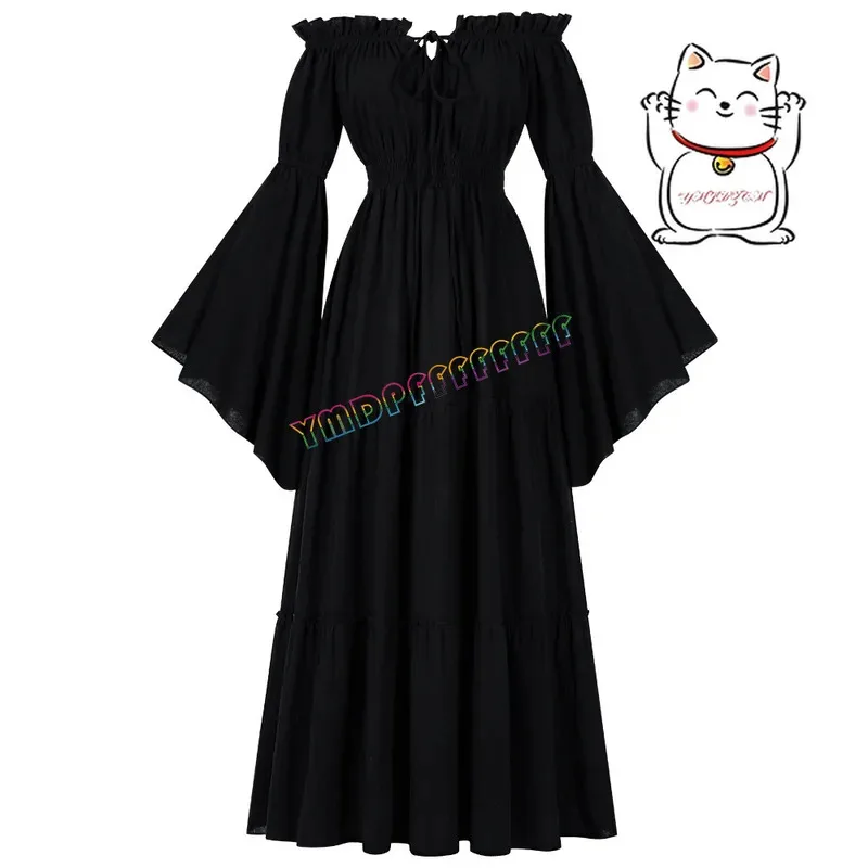 In stock medieval one collar open shoulder lotus leaf edge cosplay long sleeved Renaissance and floor length skirt Ha