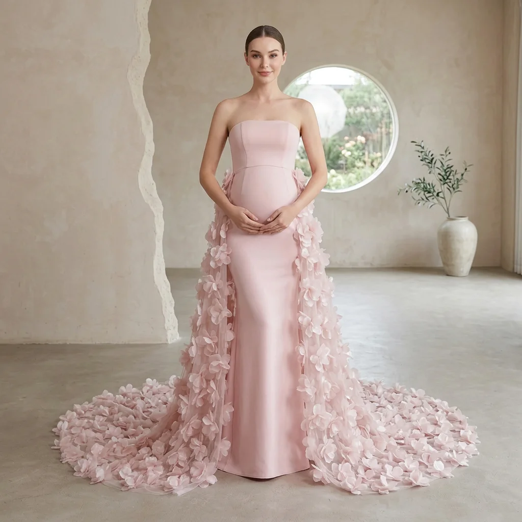 Elegant Pink Strapless Maternity Dresses for Photo Shoot 3D Floral Appliques Pregnant Women Evening Gown YD260907