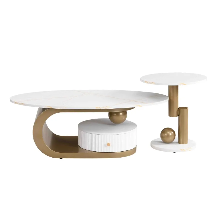 Modern Nesting Golden Coffee Table Set of 2 End Table for Living Room Oval and Round Table Set