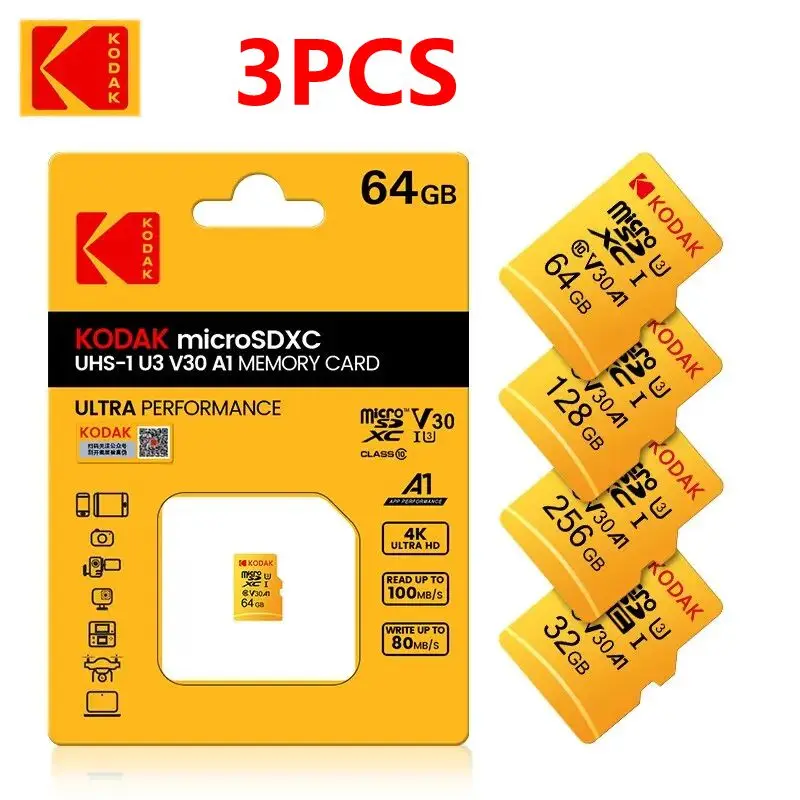 Kodak-電話カメラ用の高速ミニSDカード,u3マイクロSDカード,32GB, 64GB, 128GB, 256GB, 512GB, 3個