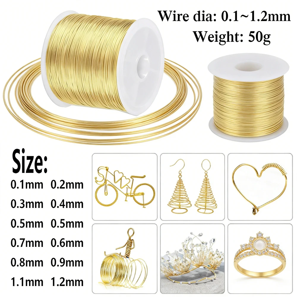 1roll 50g Brass Craft Wire, 0.1/0.2/0.3/0.5/0.6/0.7/0.8/1/1.1/1.2mm Metal Wire for Beading & Wrapping
