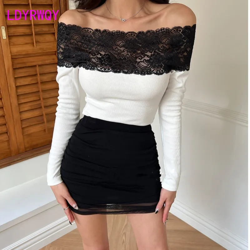 South Korea 2023 Autumn/Winter New Style Colorblock Lace Splice Off Shoulder Fit Long Sleeve T-shirt