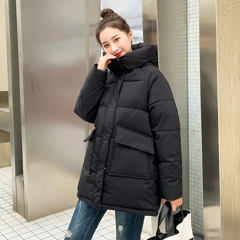 Autumn Winter Thicken Warm Medium Long Chic Parka Women Casual Sweety Solid Color Big Pocket Loose Hooded Coat Jackets Outwear