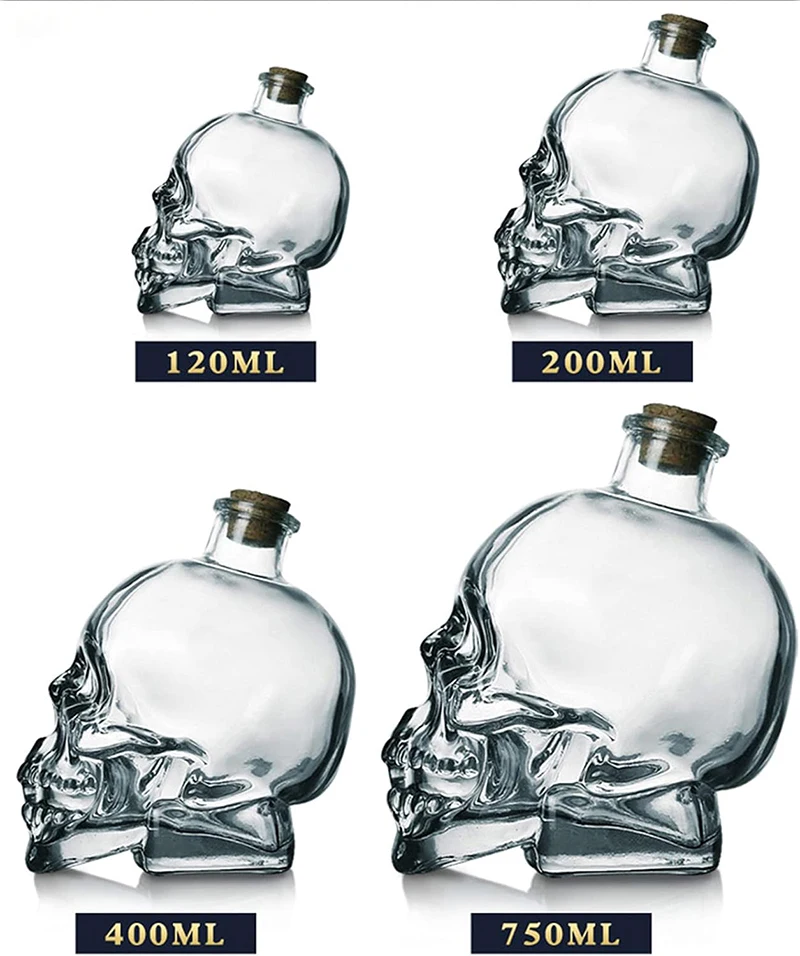 Skull Decanter, Lead-Free Glass Crystal 3D Skull Bottle with Cork Stopper, Skull Mason Jar for Vodka