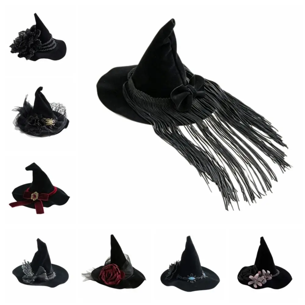 Flower Witch Hat Hair Clip Skull Spider Headdress Halloween Hair Clip Gothic Style Dark Black Witch Hairpins Halloween Party