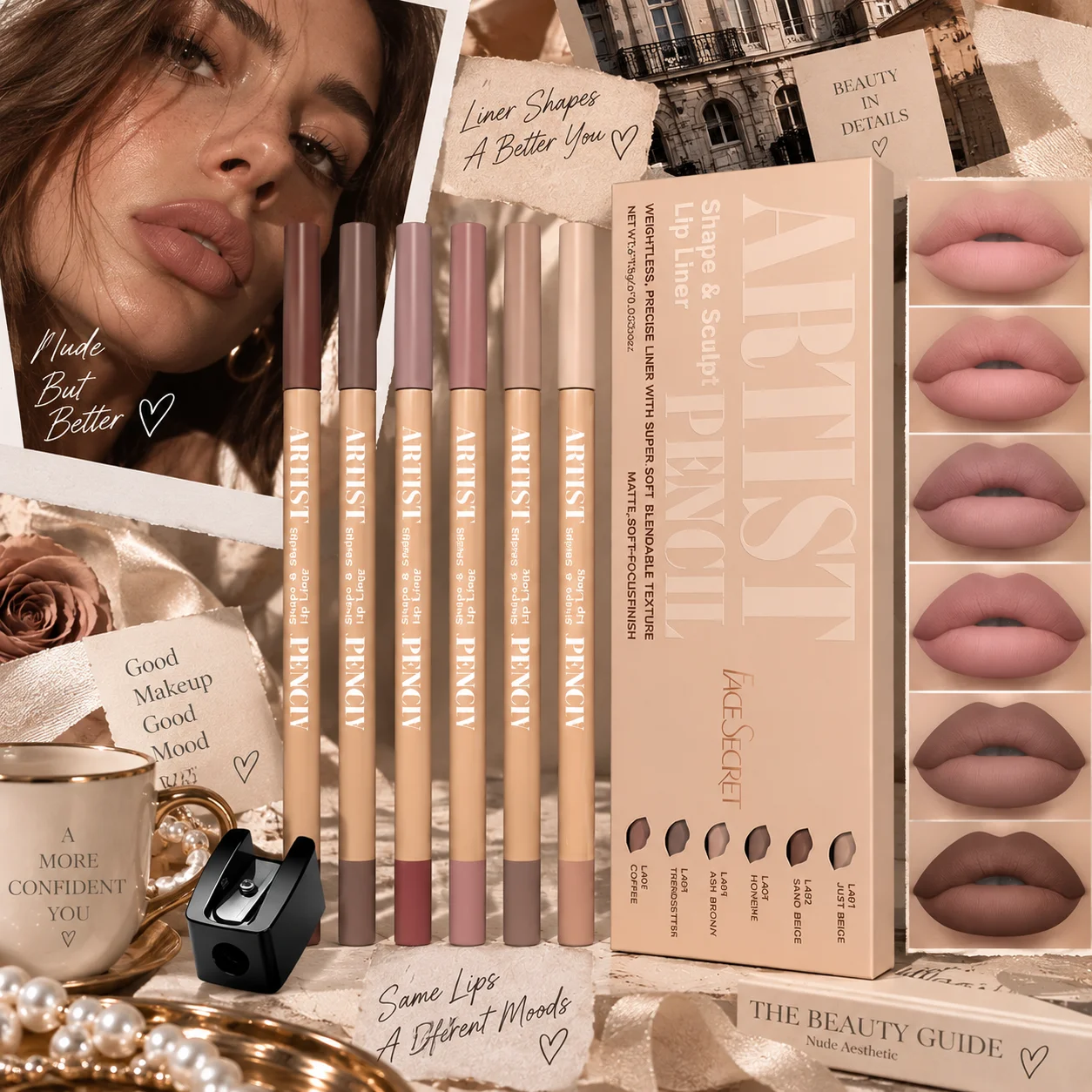 6Pcs Lip Liner Pencil Set+ 1pc Sharpener, Waterproof Matte Lip Contour Pencil, Long Lasting Creamy Lip Definer Makeup for Women