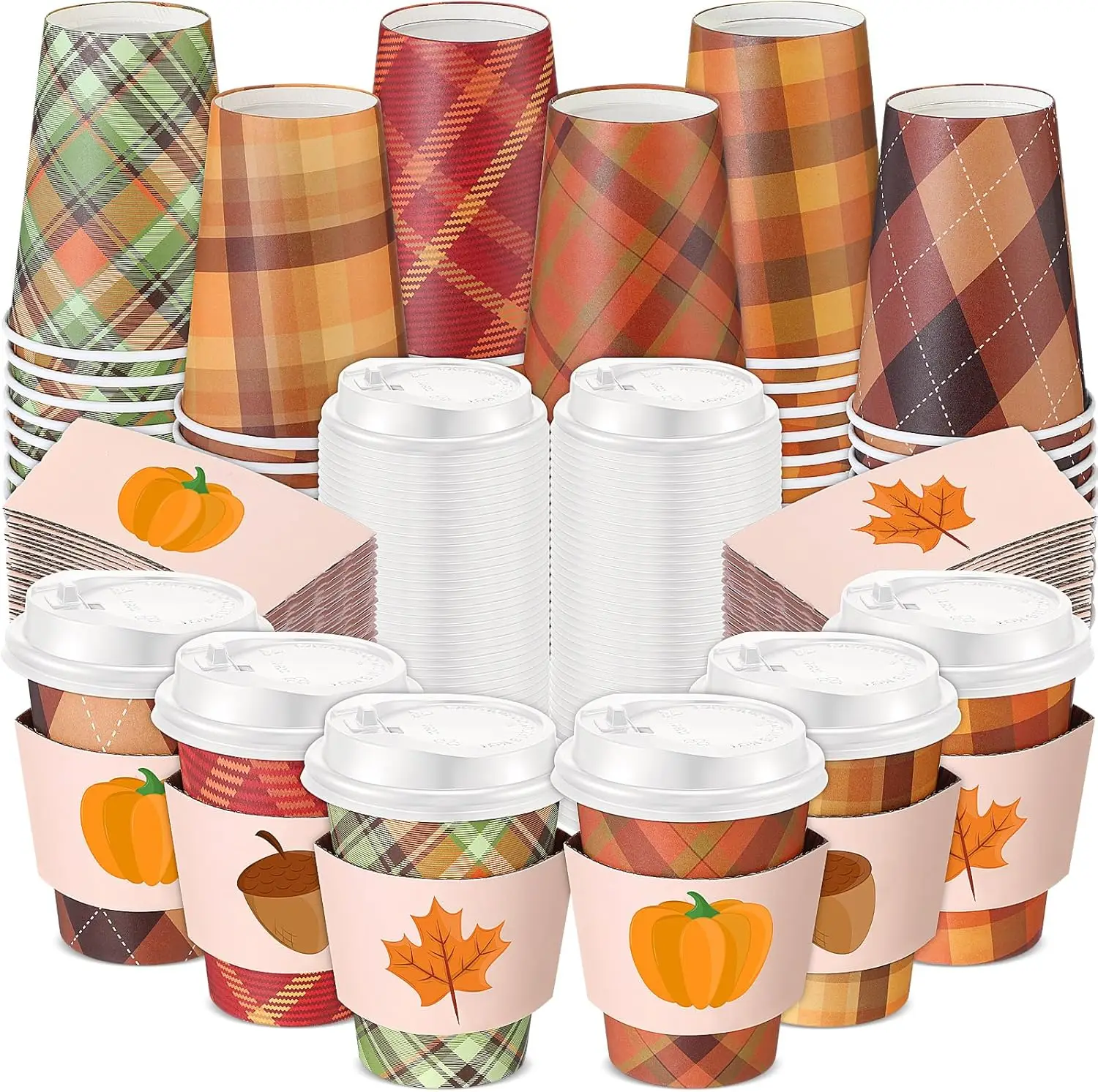 

60 Sets Thanksgiving Fall Disposable Coffee Cups with Lids and Sleeves 12 oz Paper Buffalo Plaid Coffee Cups for Hot Col