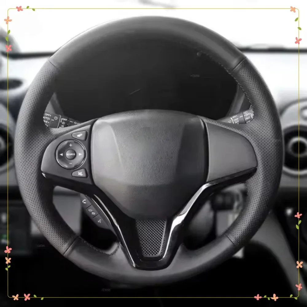 Hand Stitched Black Leather Perforated Jazz 2014 2015 HR-V 2016 Vezel 2015-2017 XRV Steering Wheel Cover For Honda Fit City