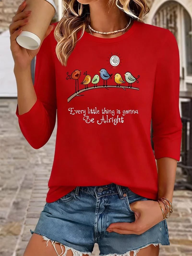 Sommer-T-Shirt mit Rundhalsausschnitt für Damen, inspirierender Aufdruck „Every Little Thing Is Gonna Be Alright“, lässiges T-Shirt für Damen – Detail 3