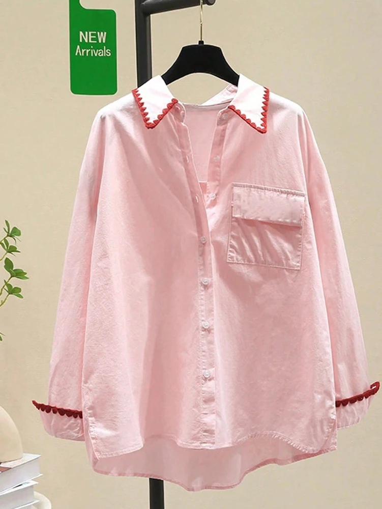 

Осенние новые поступления, женская стильная повседневная рубашка большого размера с контрастной отделкой и длинными рукавами, новая коллекция 2025 года