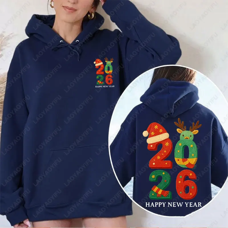 Hello 2026 Happy New Year Embroidery Cute Style Two Sided Women Hoody Happy Holiday Xmas Hat Elk Letters Graphic Simple Hoodies