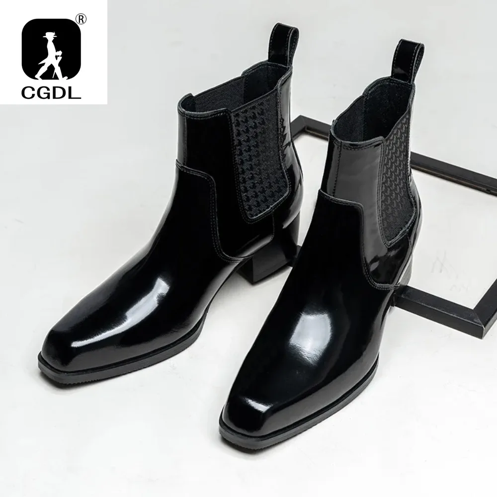 Male Chelsea Boots 5cm High Heels Short Boots Men Luxury Genuine Leather Designer Patent Leather Men's Ankle Boots 2024 Winter