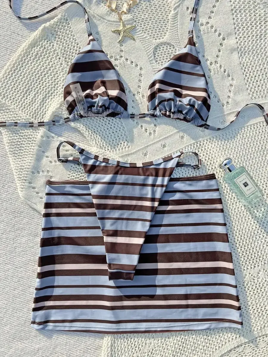 

Womens Summer French Retro Blue Brown Striped High-Waisted 2-Piece Bikini Set With Skirt
