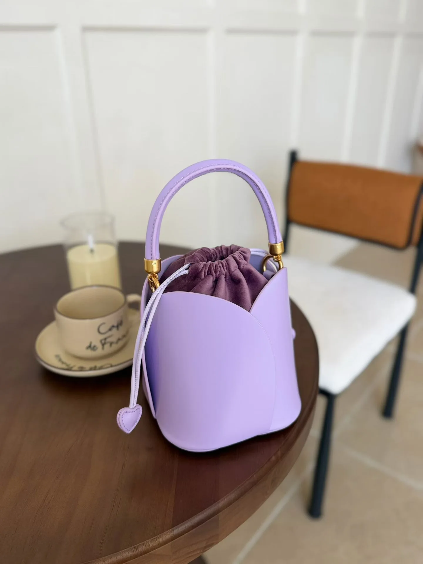 Luxury Floral Genuine Leather Bucket Bag for Women Retro Ruched Handle Handbag Drawstring Crossbody Shoulder Purse