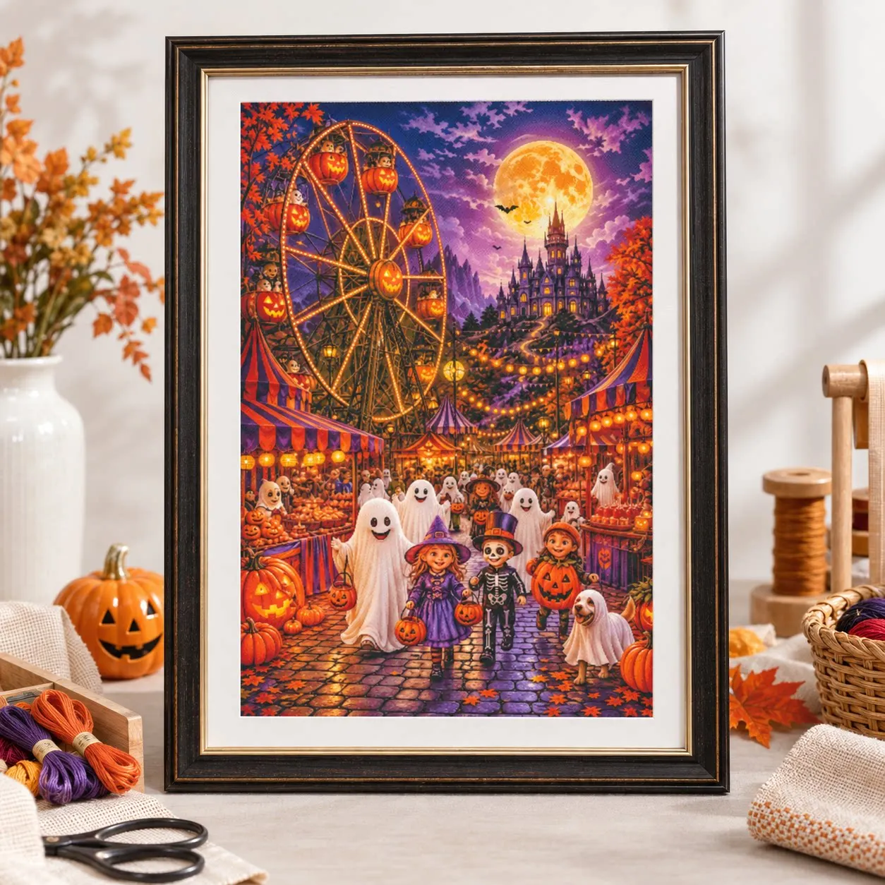 [ZZ9238-Halloween Ghost Carnival Market]11CT 14CT 16CT DIY Stamped Cross Stitch Kit with Printed Canvas and Cotton Threads