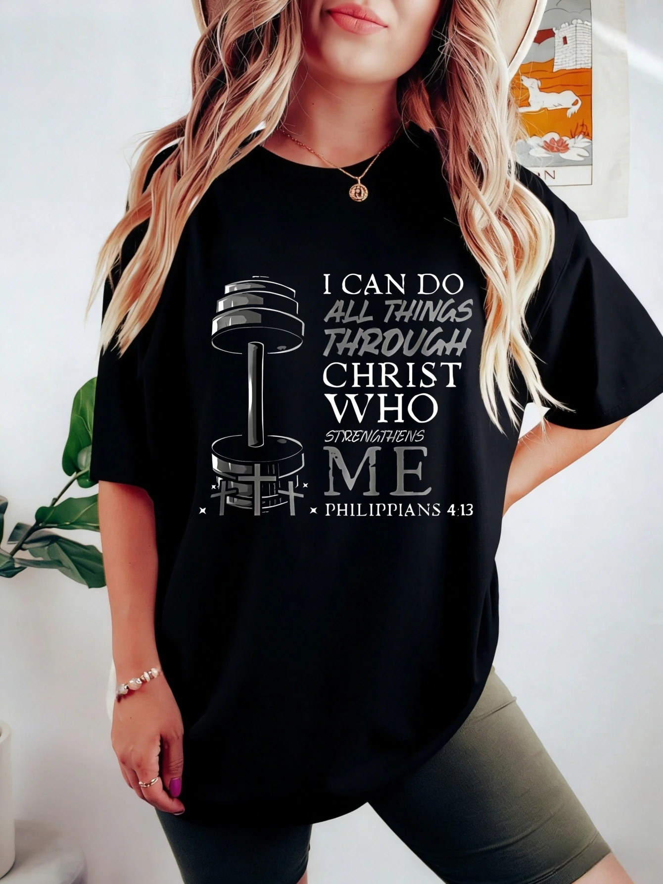 

Womens Cotton Tshirt Philippians 413 Dumbbell Graphic Printed Sporty Casual Everyday Short Sleeve Tshirt Gift for Her