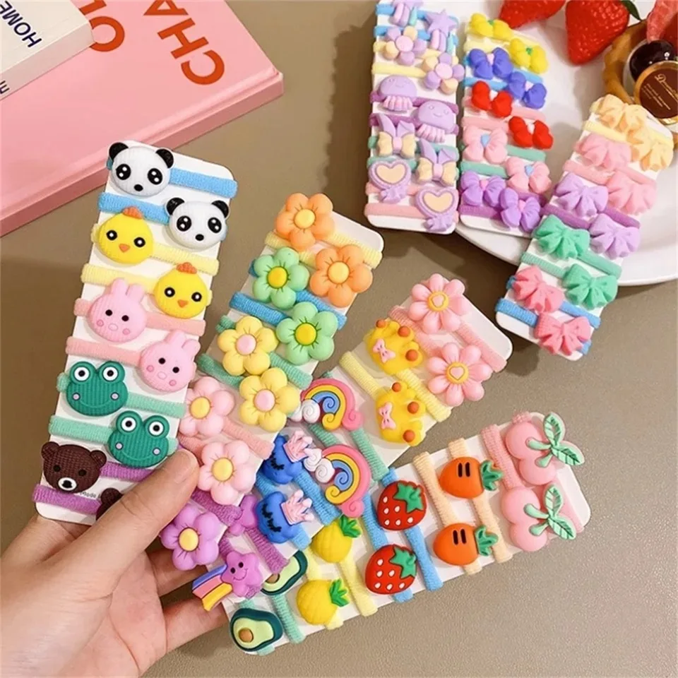 10Pcs/Set Girls Cute Cartoon Fruit Rubber Bands High Elastic Hair Ropes Child Headwear Hair Accessories Kids Headband Ornaments