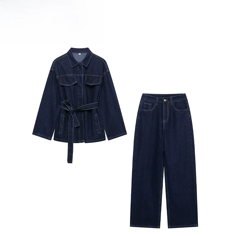 

Spring New Sle Women's Retro Waist Tie Denim Jaet High Waist Long Pants Faion Set High Waist Pure Color Polyester Fiber
