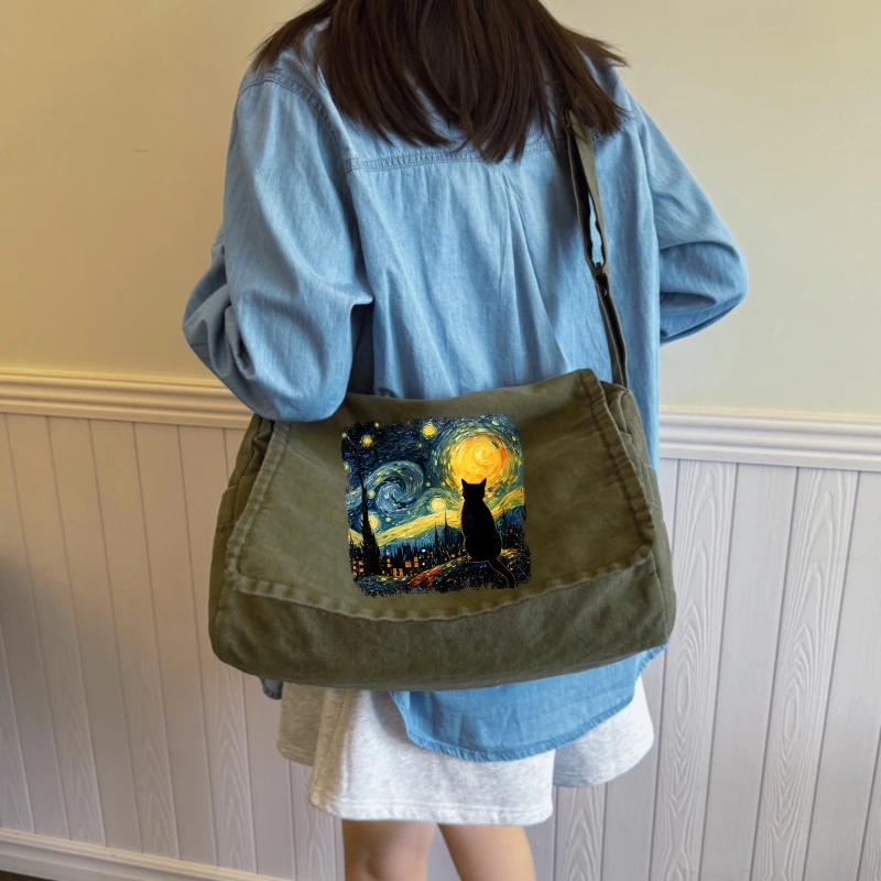 حقيبة كتف نسائية فنية قماش قطة طباعة سعة كبيرة حقيبة ساعي الاستخدام اليومي حقيبة كروسبودي