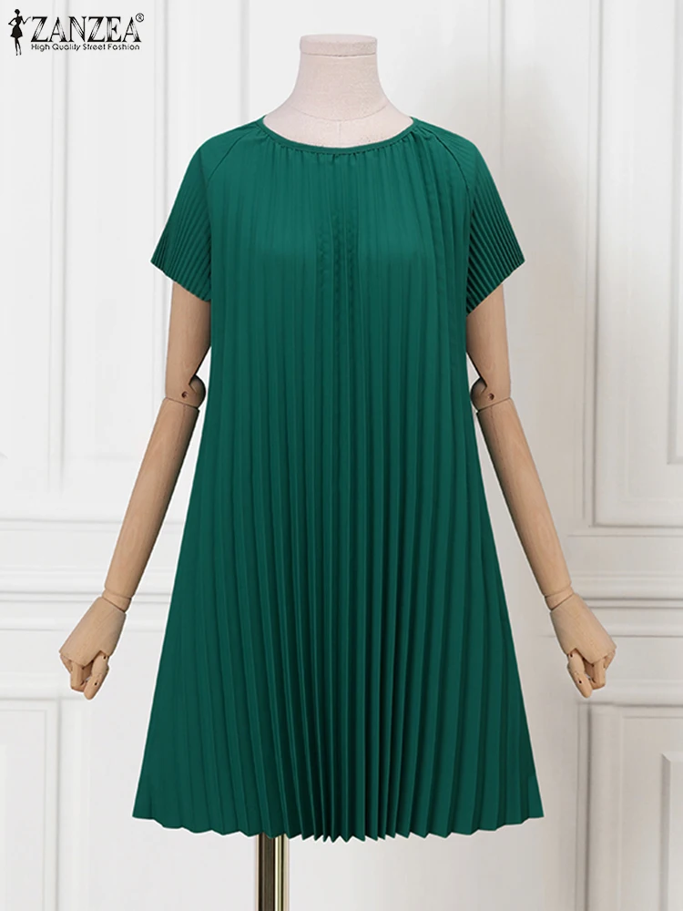 ZANZEA élégant Robe d'été 2025 femmes col rond Robe plissée mode manches courtes fête décontracté couleur unie Mini robes Robe