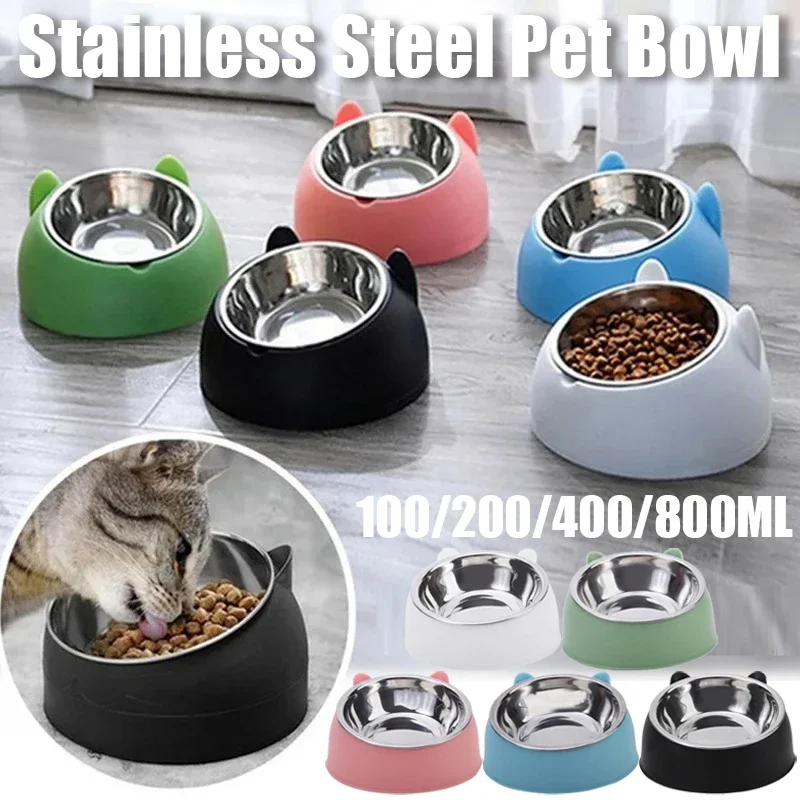 

Stainless Steel Cat Bowl Non Slip Puppy Base Cat Food Drinking Water Feeder Tilt Neck Protection Dish Pet Bowl 100/200/400/800ML