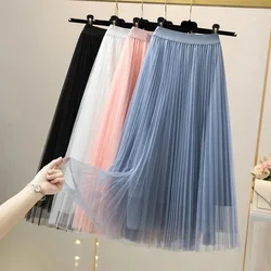 Women Elegant Solid Tulle Skirt Fashion Korean Mesh Pleated A Line Skirt Lady Summer Chic High Waist All-Match Party Midi Skirts