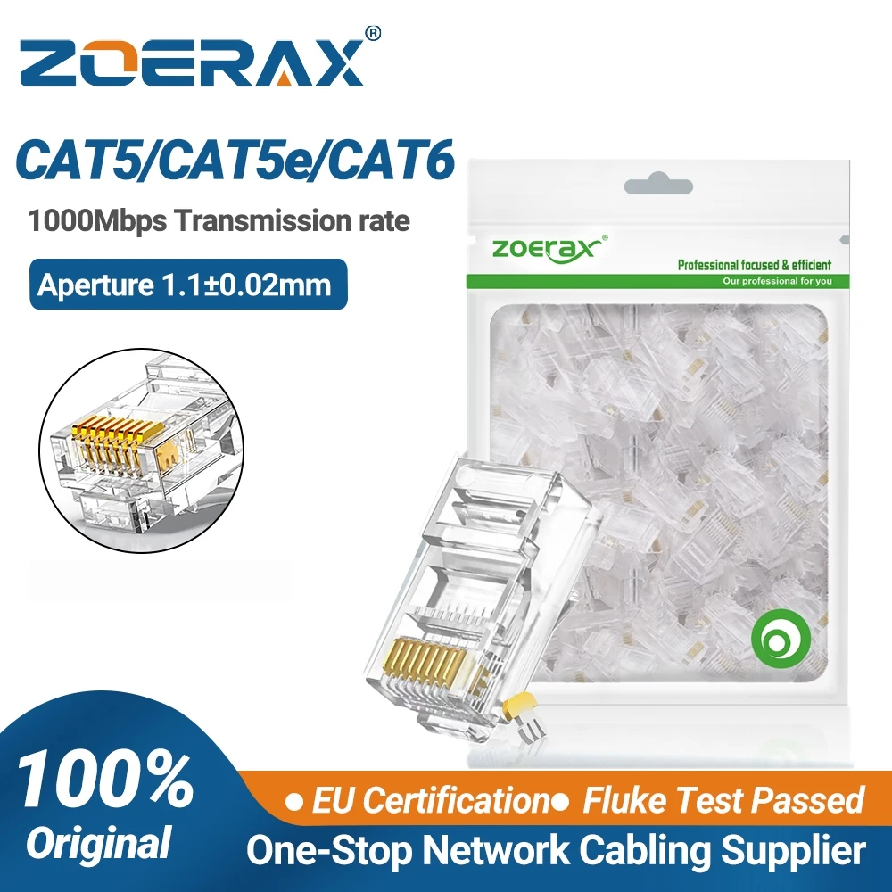ZoeRax CAT5e CAT6 Connector RJ45 Modular Plug Network Connectors 50μ Gold-Plated 1.1mm Hole End for Ethernet Cable