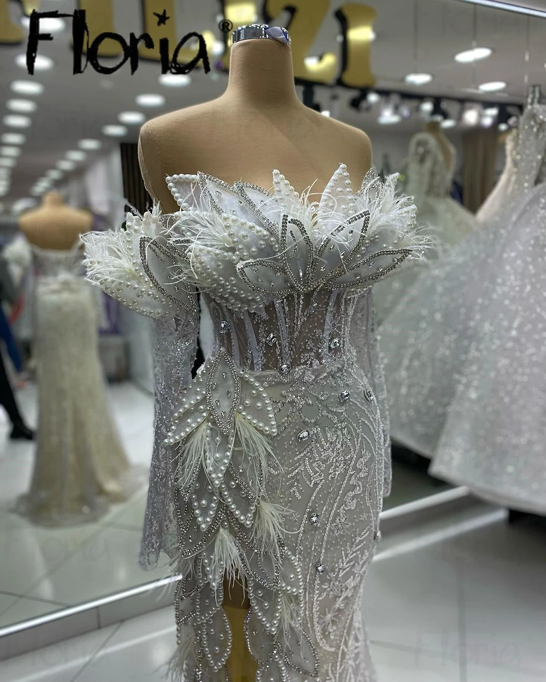 Off White Feather 3D Leaf Design Evening Dress Arabic Off Shoulder High Split Side Formal Wedding Event Gowns Luxury 2024 Robes