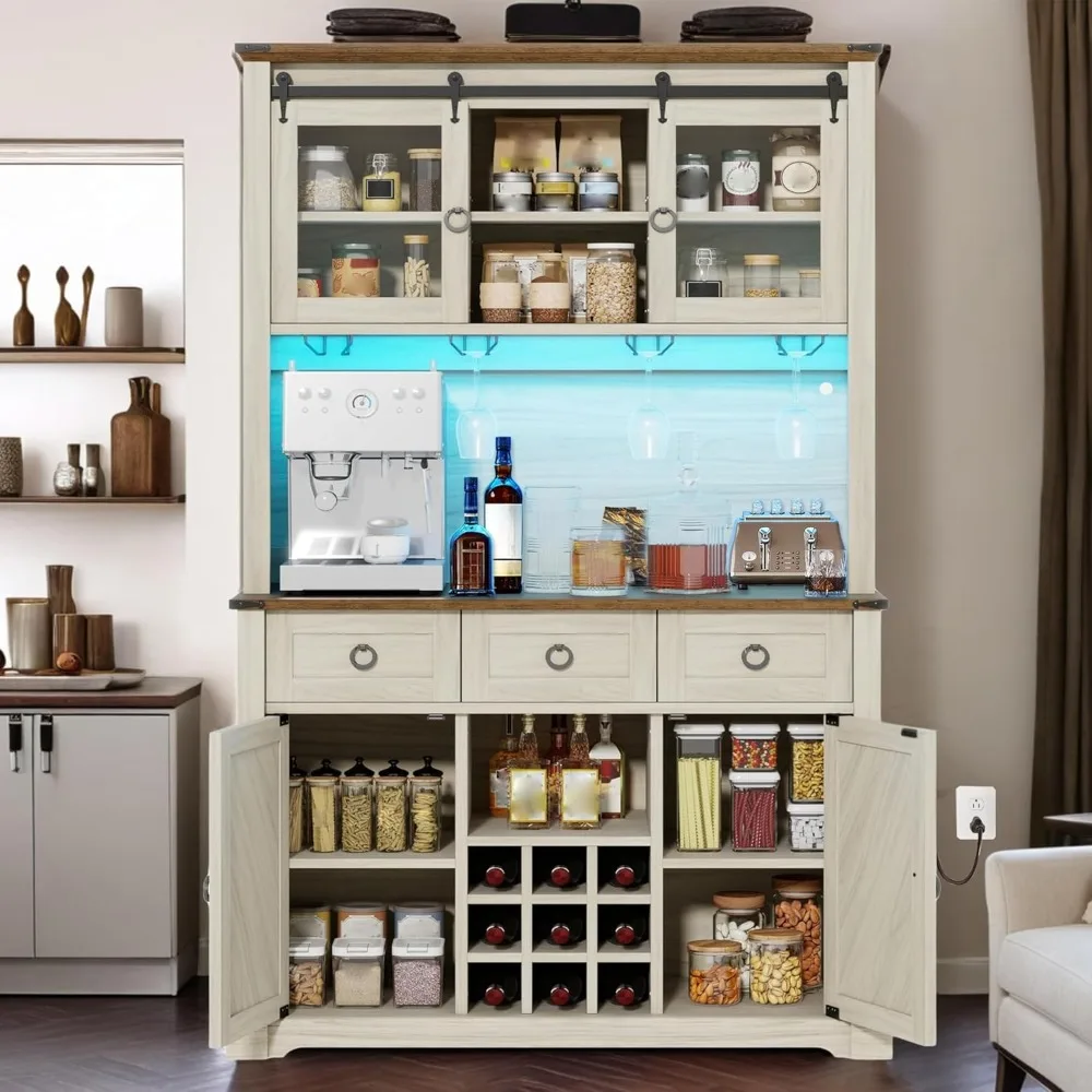 

72" Farmhouse Bar Cabinet with Bottle Rack and Wine Glass Holder, Large Kitchen Buffet with Shelves, Wine Cabinet with 3 Drawers