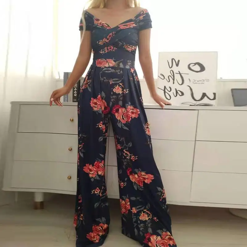 Casual Summer Jumpsuit Sexy V Neck Slim Fit Jumpsuits Women Rompers Printing One Shoulder Overalls Playsuits Roupas Femininas