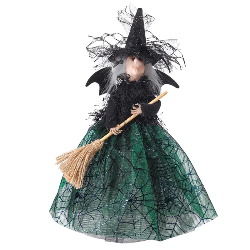 Decoración de bruja de Halloween, muñeca de bruja de 11 pulgadas, velo de Halloween, sombrero y escoba verde