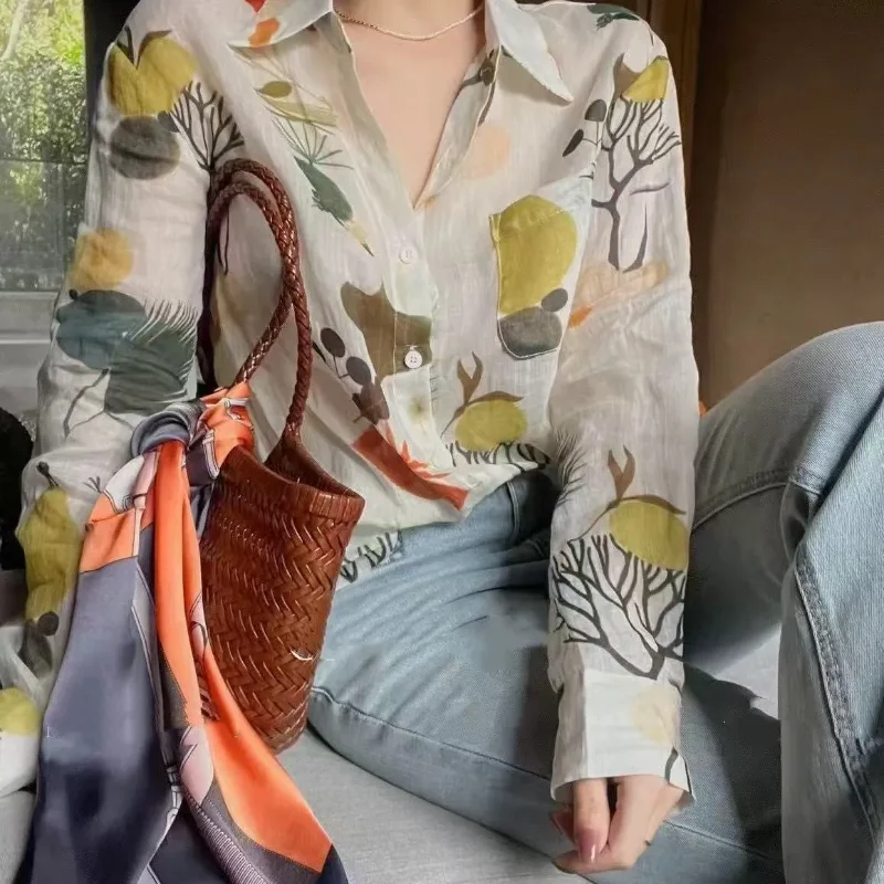 

Весенние новые корейские модные свободные универсальные однобортные рубашки с длинными рукавами с принтом для женщин