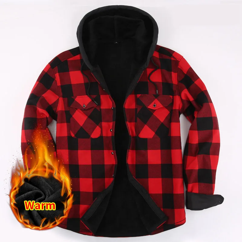 Hooded Winter Shirt Men Jackets and Coats Fashion Plaid Men's Plush Warm Long Sleeve Casual Shirts Male Hoodies Overcoat MY1010