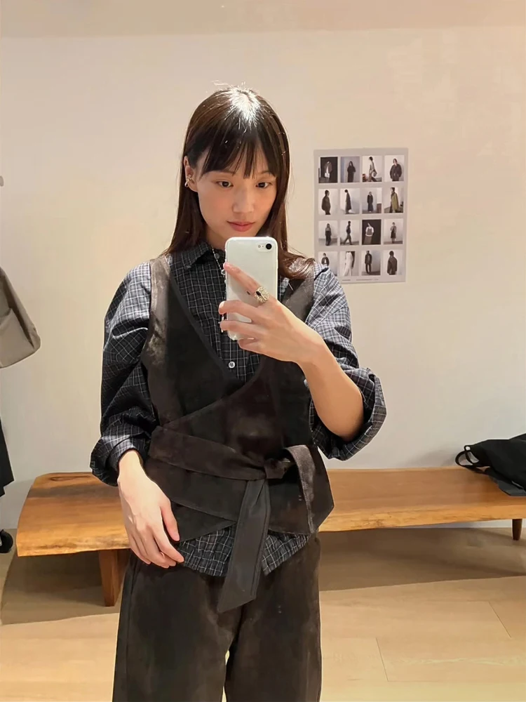  Plaid irt And Vest Set Women's Slimming Two-Piece Cotton Long Sve Adjustable oulder American Sle Autumn 2025